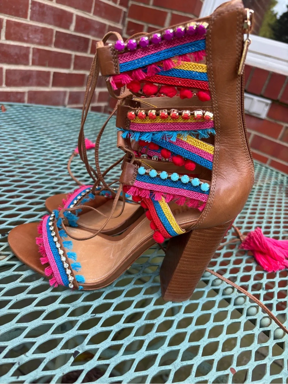 Schutz Calla Block Heeled Leather Sandals Lace-Up Multi-Color women 8.5